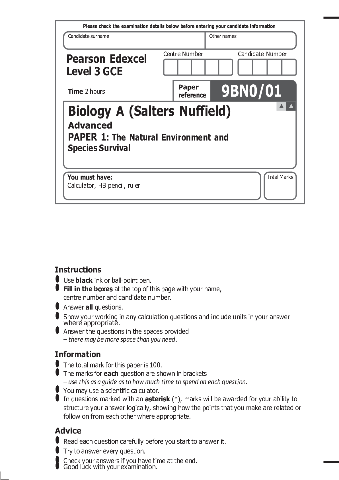 Preview image for Pearson Edexcel Level 3 GCE Biology A (Salters Nuffield) Advanced PAPER 1: The Natural Environment and Species Survival